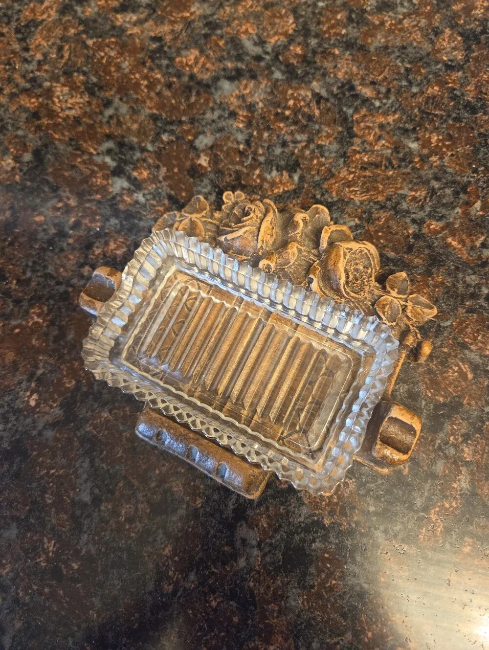 Vintage Syrocowood Rose Soap Dish Trintket Tray Floral Cast Wood Composite Glass